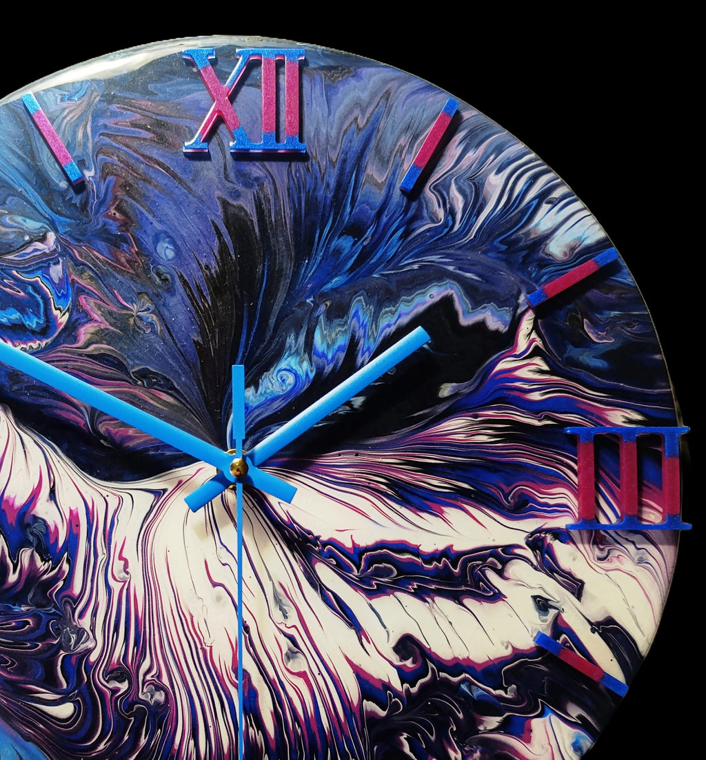Midnight Cascade – Dark Blue Waterfall Acrylic Pour Clock, 30cm, Unique Wall Art, Handmade Home Decor, One-of-a-Kind Gift