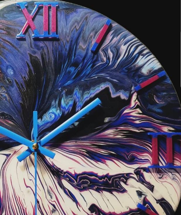 Midnight Cascade – Dark Blue Waterfall Acrylic Pour Clock, 30cm, Unique Wall Art, Handmade Home Decor, One-of-a-Kind Gift