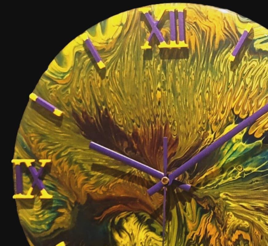Aurora Flow – Yellow, Blue & Purple Acrylic Pour Clock, 30cm, Colorful Wall Art, Handmade Resin Clock, Unique Gift