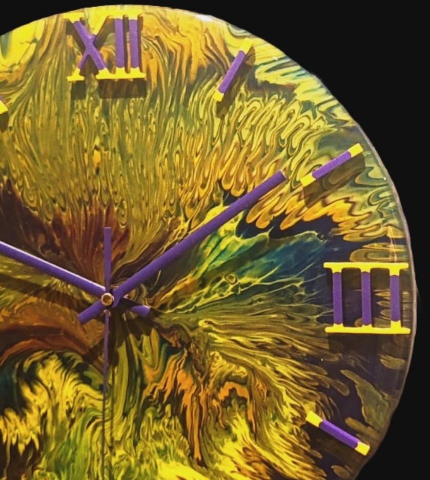 Aurora Flow – Yellow, Blue & Purple Acrylic Pour Clock, 30cm, Colorful Wall Art, Handmade Resin Clock, Unique Gift