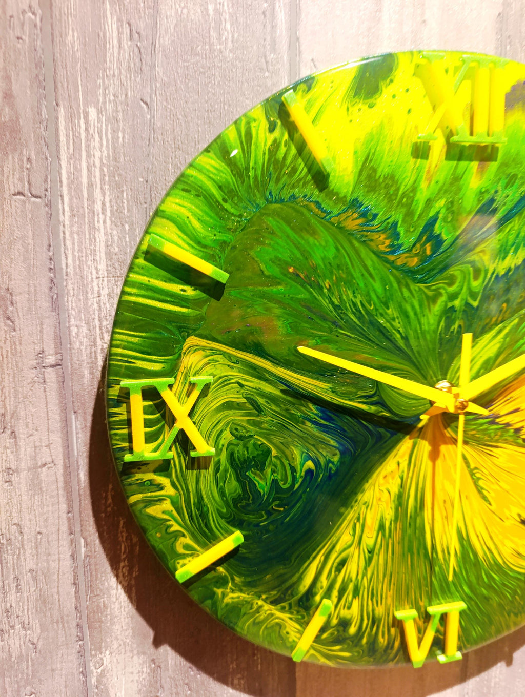 Lime Sunburst – Yellow & Green Acrylic Pour Clock, 30cm, Bright Modern Wall Art, Handmade Resin Clock, Unique Gift