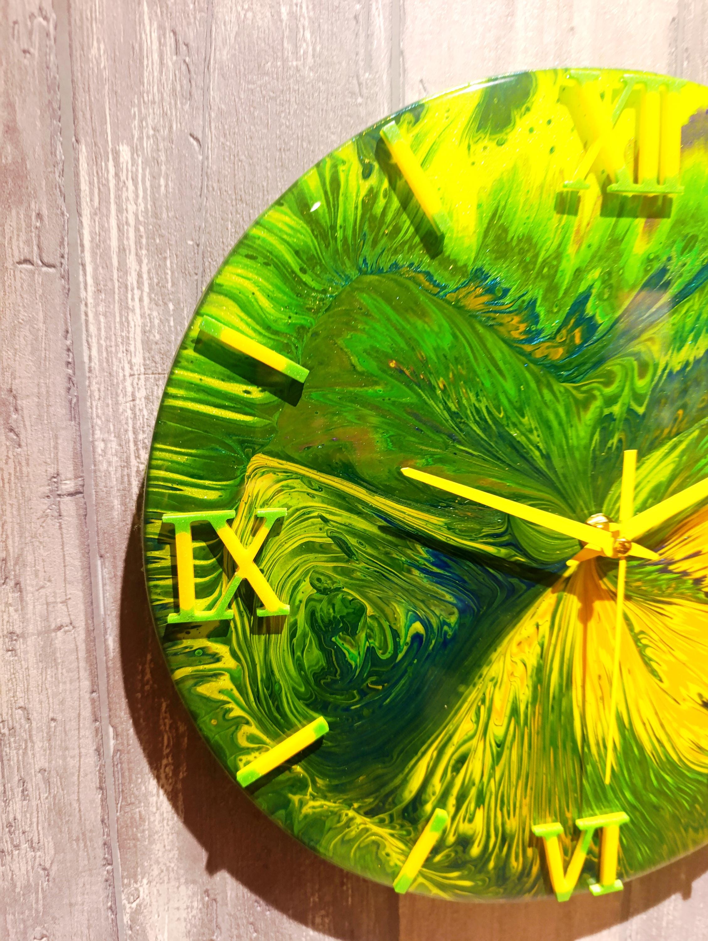 Lime Sunburst – Yellow & Green Acrylic Pour Clock, 30cm, Bright Modern Wall Art, Handmade Resin Clock, Unique Gift