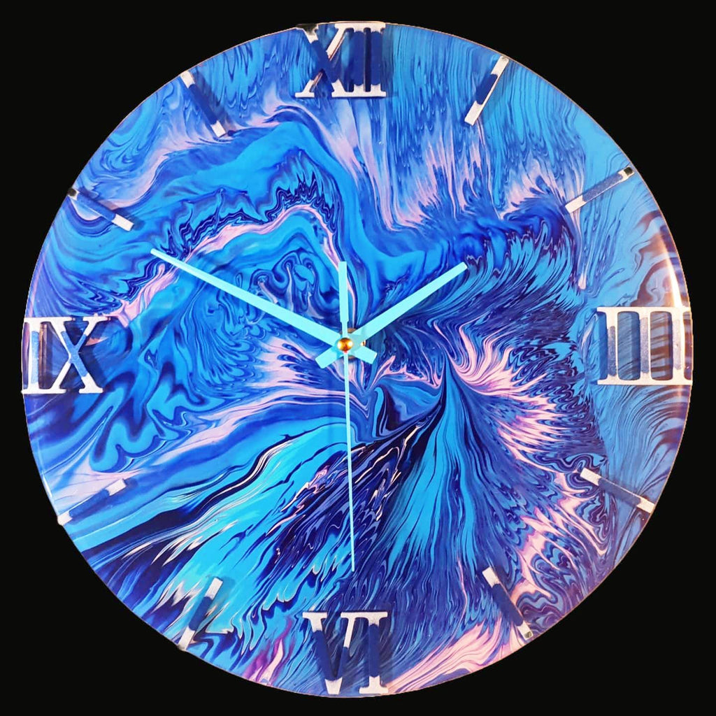 Wandklok 30cm blauw Water Explosion acryl pour kunstklok silent handgemaakt belgië