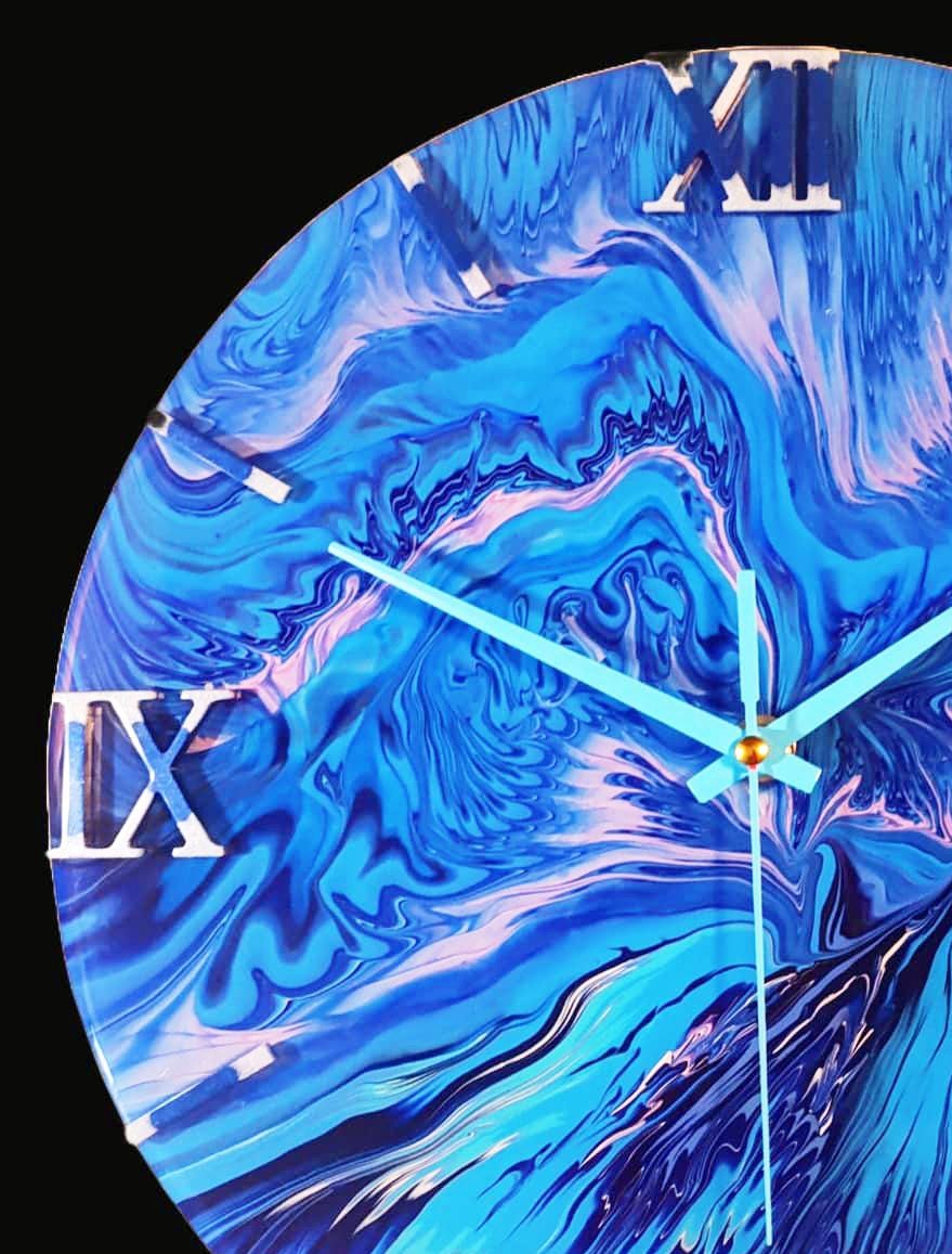 Water explosion – Handmade Blue Abstract Wall Clock – Acrylic Pouring Art with Epoxy Finish, Functional Home Decor