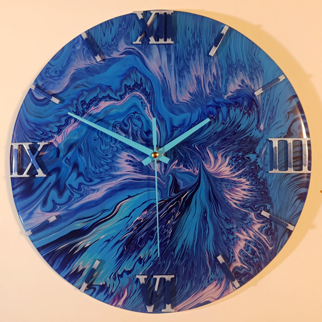 Water explosion – Handmade Blue Abstract Wall Clock – Acrylic Pouring Art with Epoxy Finish, Functional Home Decor
