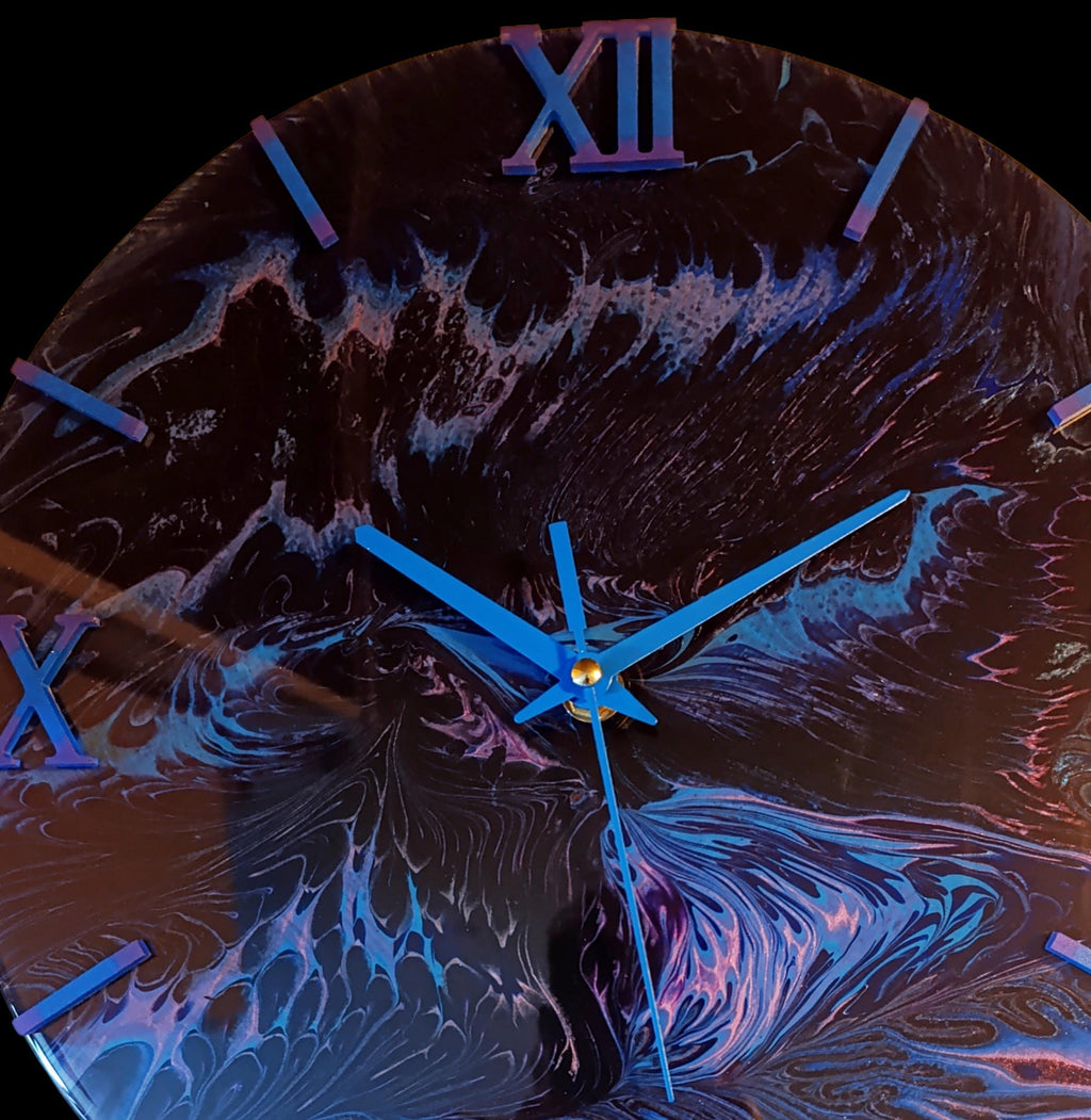 Handmade Acrylic Pour Wall Clock – 30cm – Black, Blue & Purple Swirl