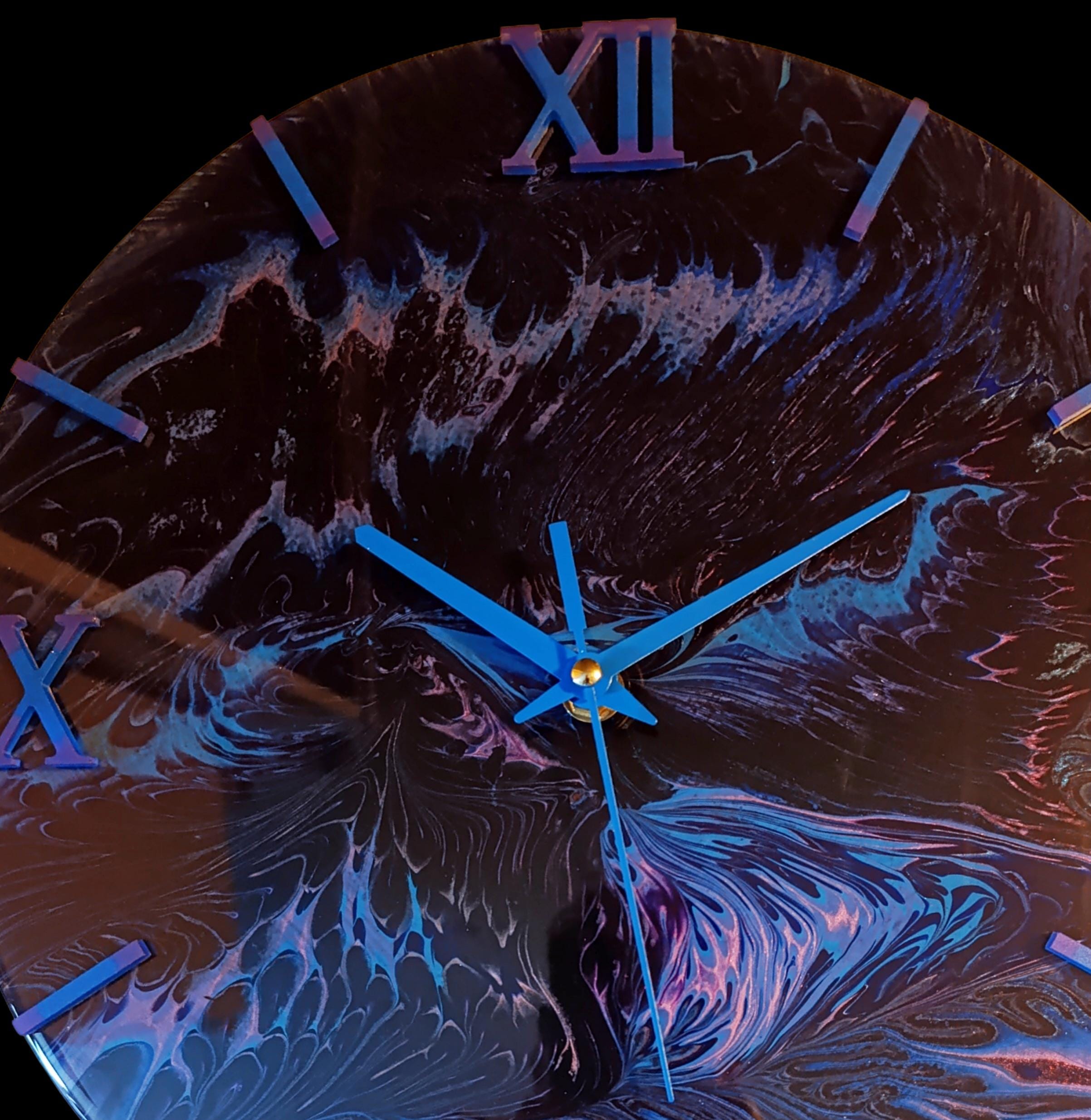 Handmade Acrylic Pour Wall Clock – 30cm – Black, Blue & Purple Swirl
