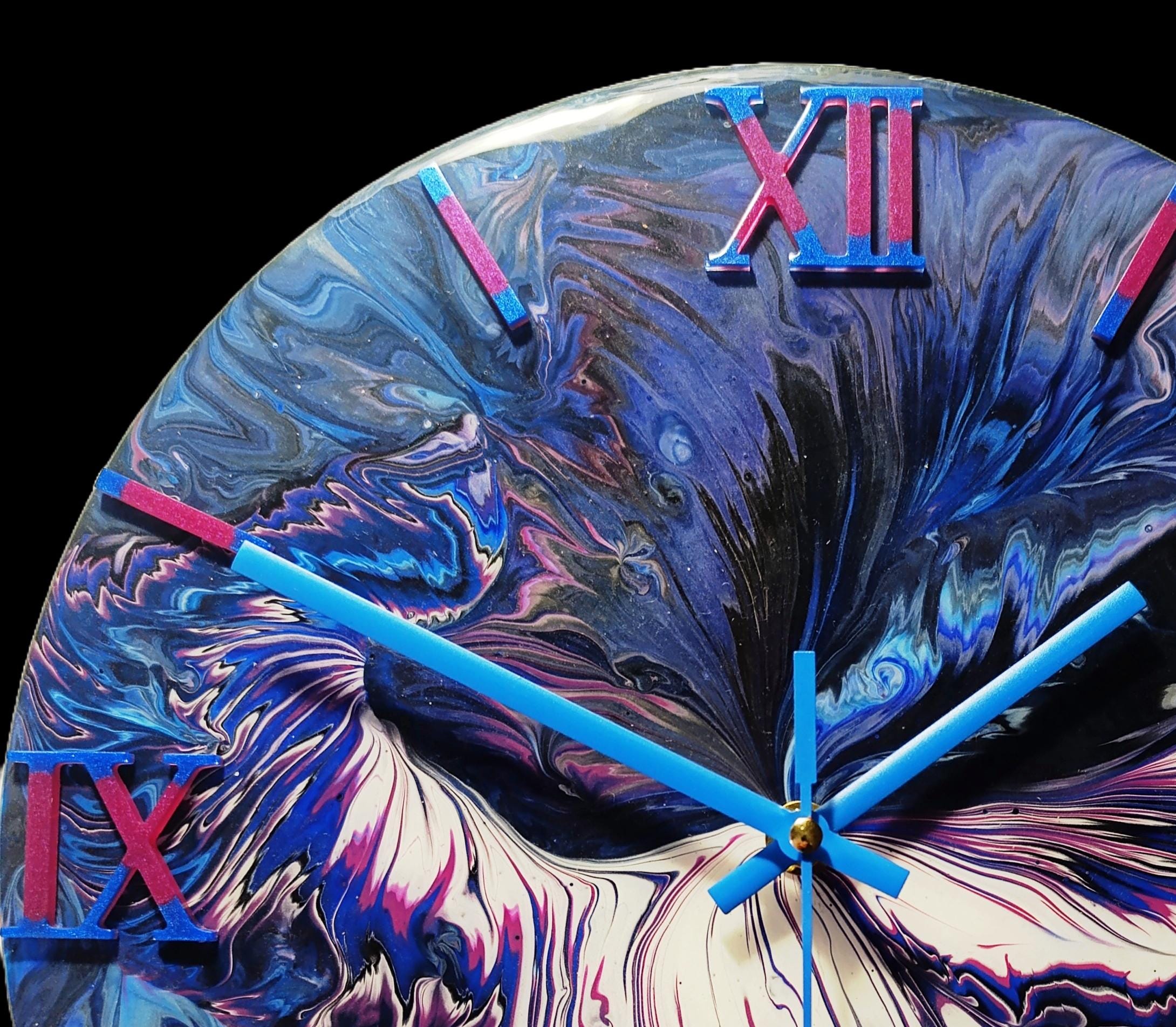 Midnight Cascade – Dark Blue Waterfall Acrylic Pour Clock, 30cm, Unique Wall Art, Handmade Home Decor, One-of-a-Kind Gift