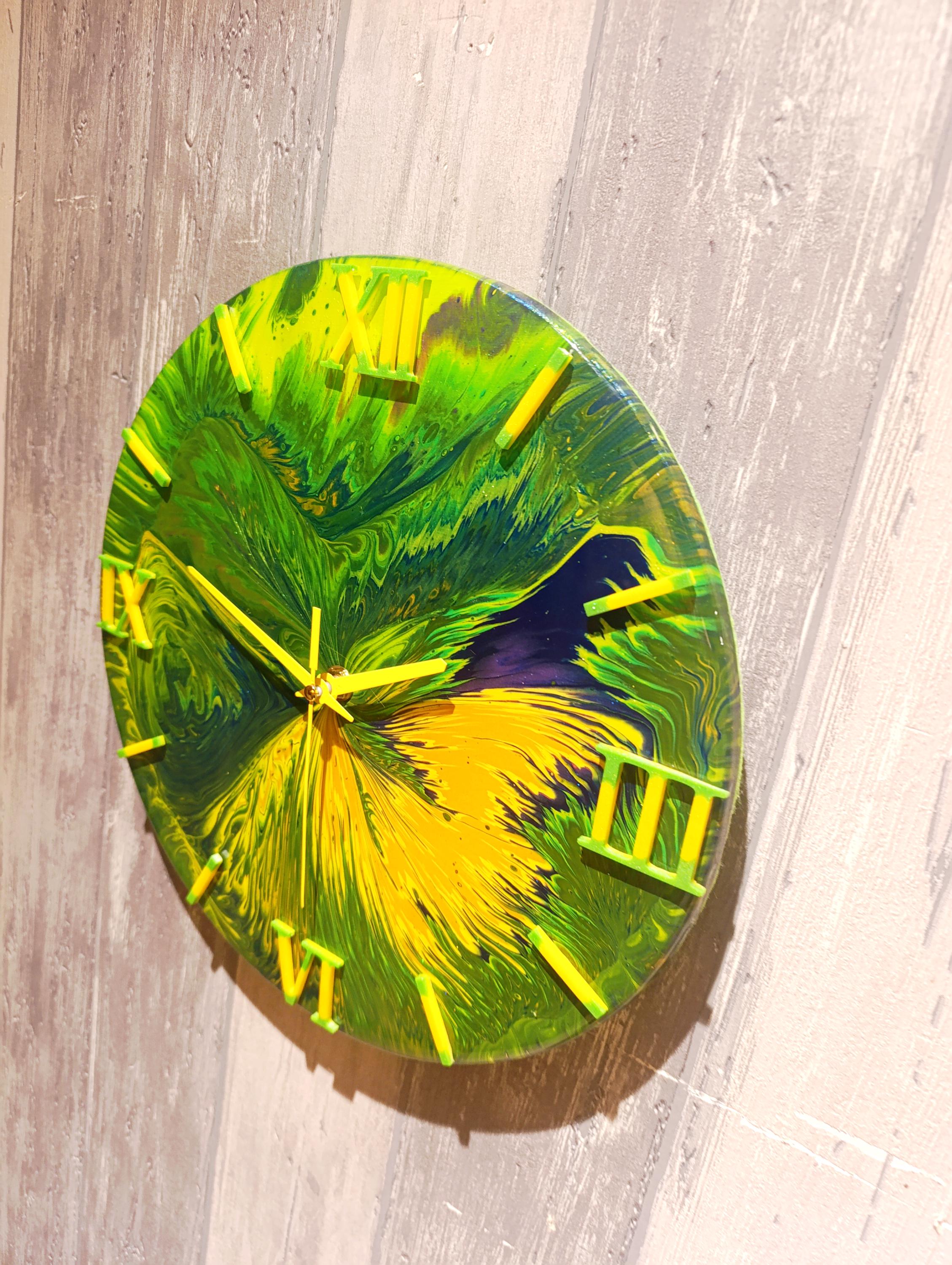 Lime Sunburst – Yellow & Green Acrylic Pour Clock, 30cm, Bright Modern Wall Art, Handmade Resin Clock, Unique Gift