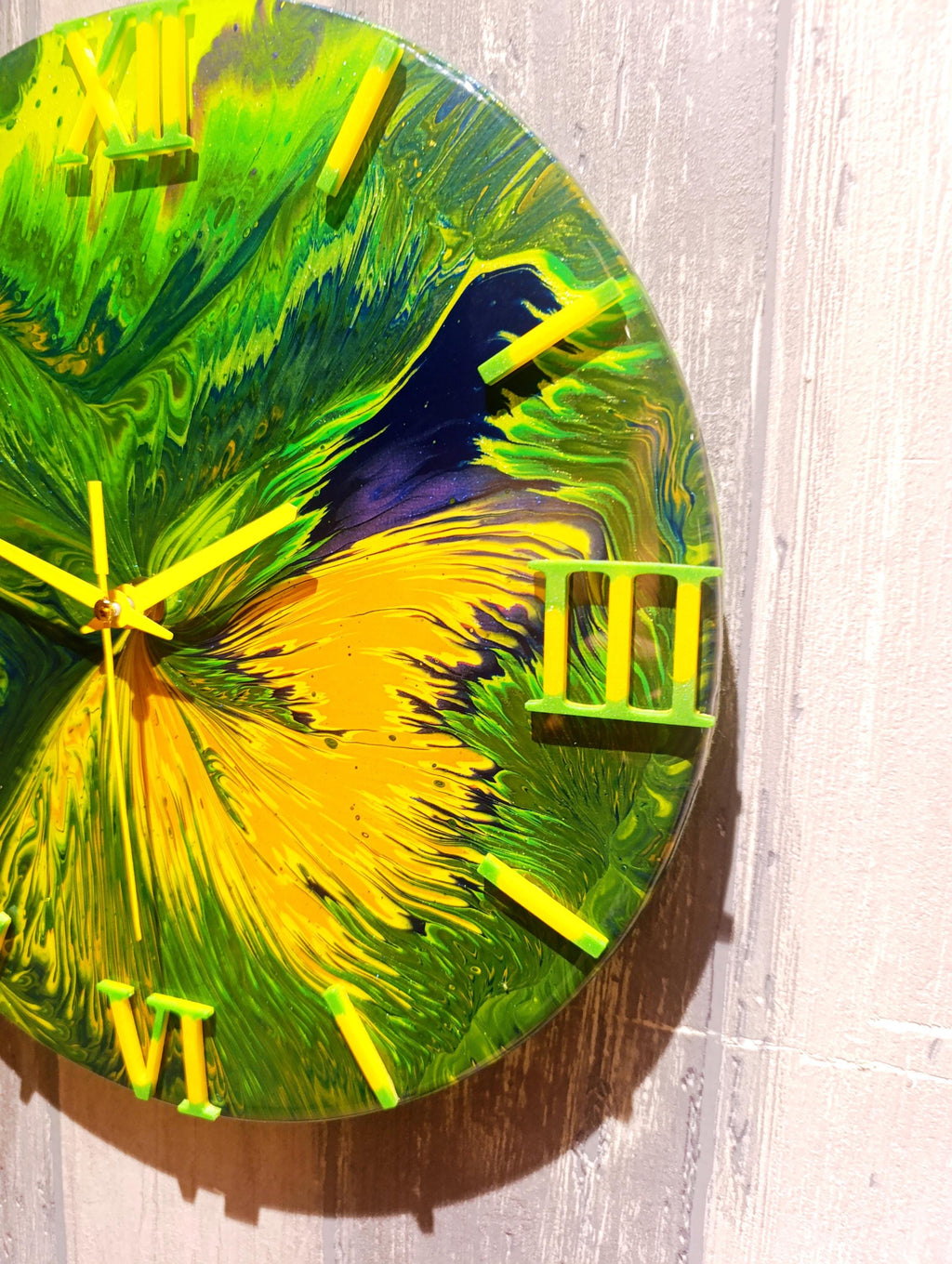 Lime Sunburst – Yellow & Green Acrylic Pour Clock, 30cm, Bright Modern Wall Art, Handmade Resin Clock, Unique Gift