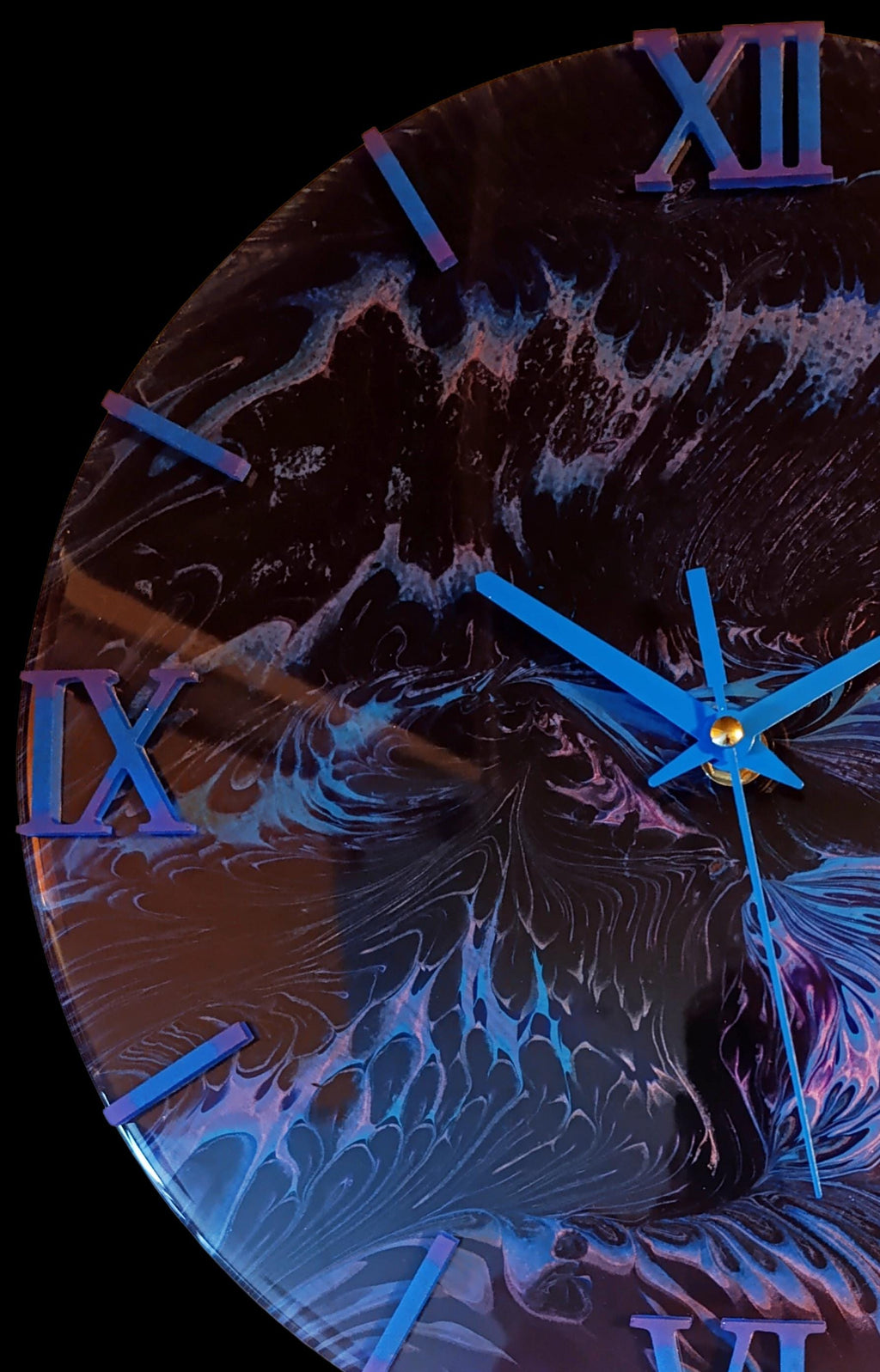 Handmade Acrylic Pour Wall Clock – 30cm – Black, Blue & Purple Swirl