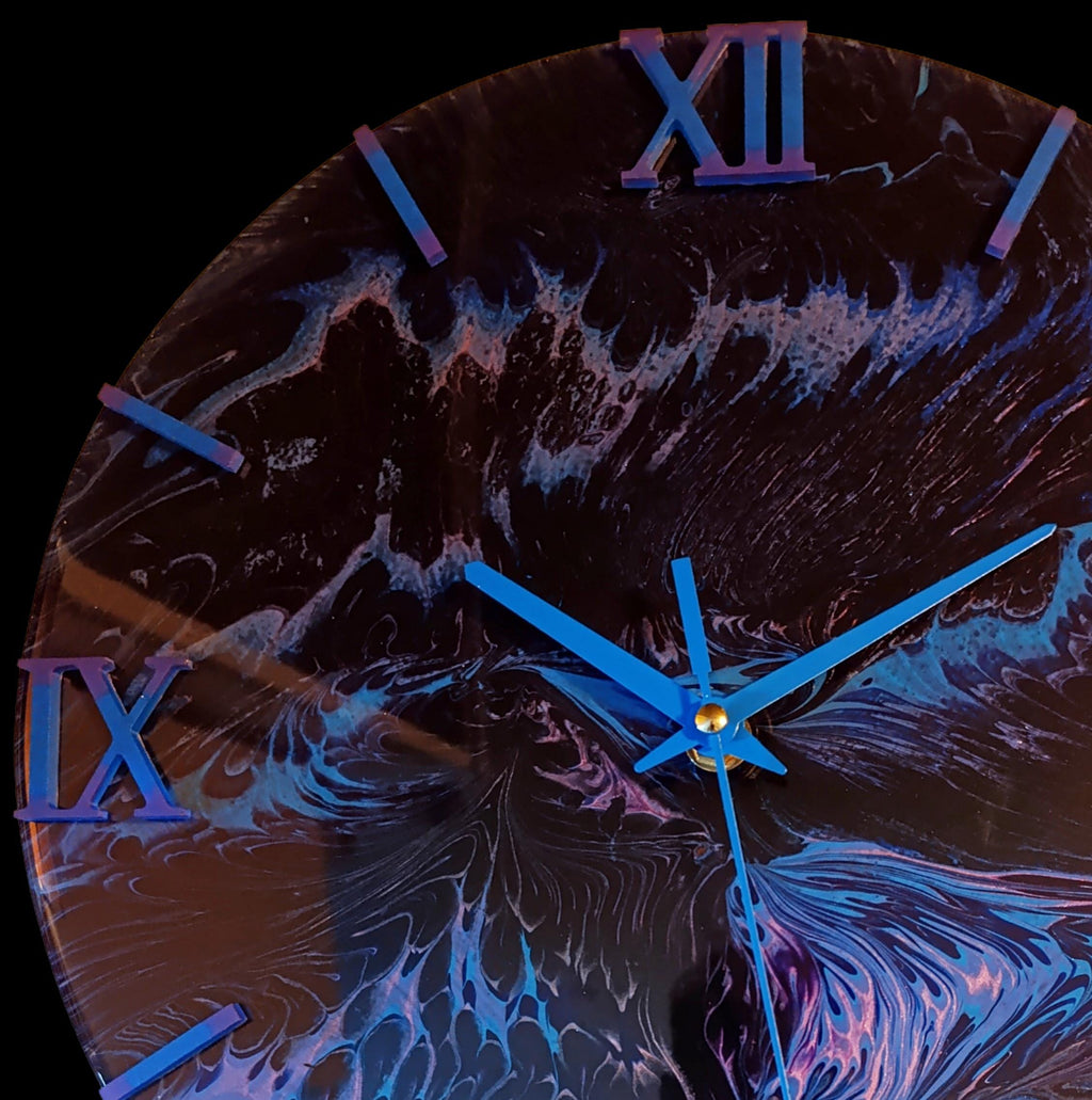 Handmade Acrylic Pour Wall Clock – 30cm – Black, Blue & Purple Swirl
