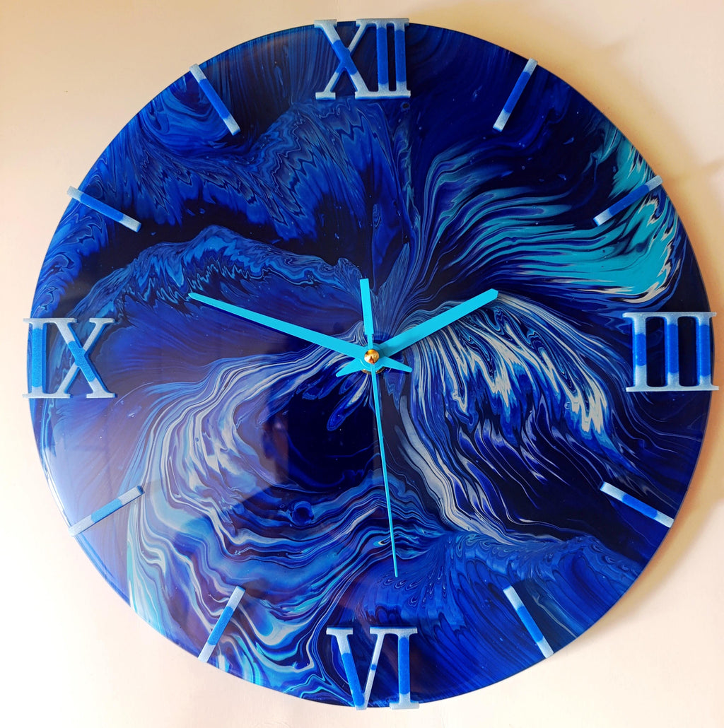 Handmade Acrylic Pour Wall Clock – 30cm Round Resin Clock – Modern Abstract Home Decor – Unique Gift for Art Lovers – Blue Wall Art
