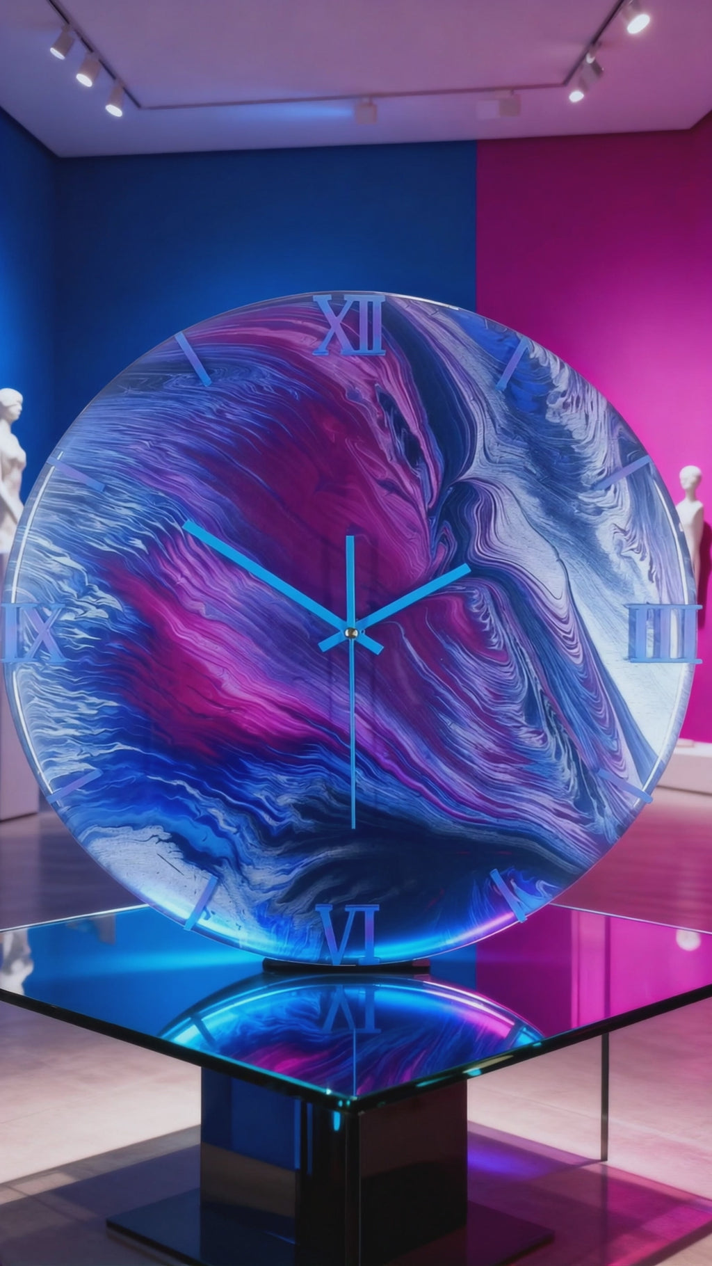 Handgemaakte wandklok 40cm- blauw, roze -"Electric Wave" (Acryl pouring kunst)