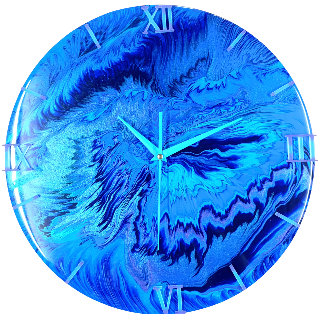Wandklok 40cm blauw Ocean Drift grote acryl pour klok silent handgemaakt belgië