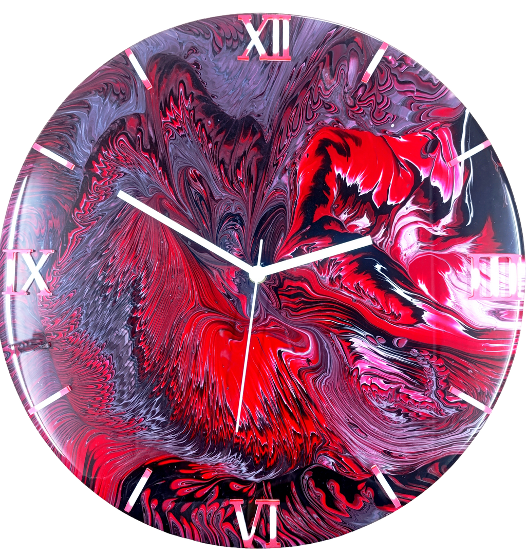 Wandklok 40cm rood Red Lava lava effect acryl pour silent handgemaakt belgië