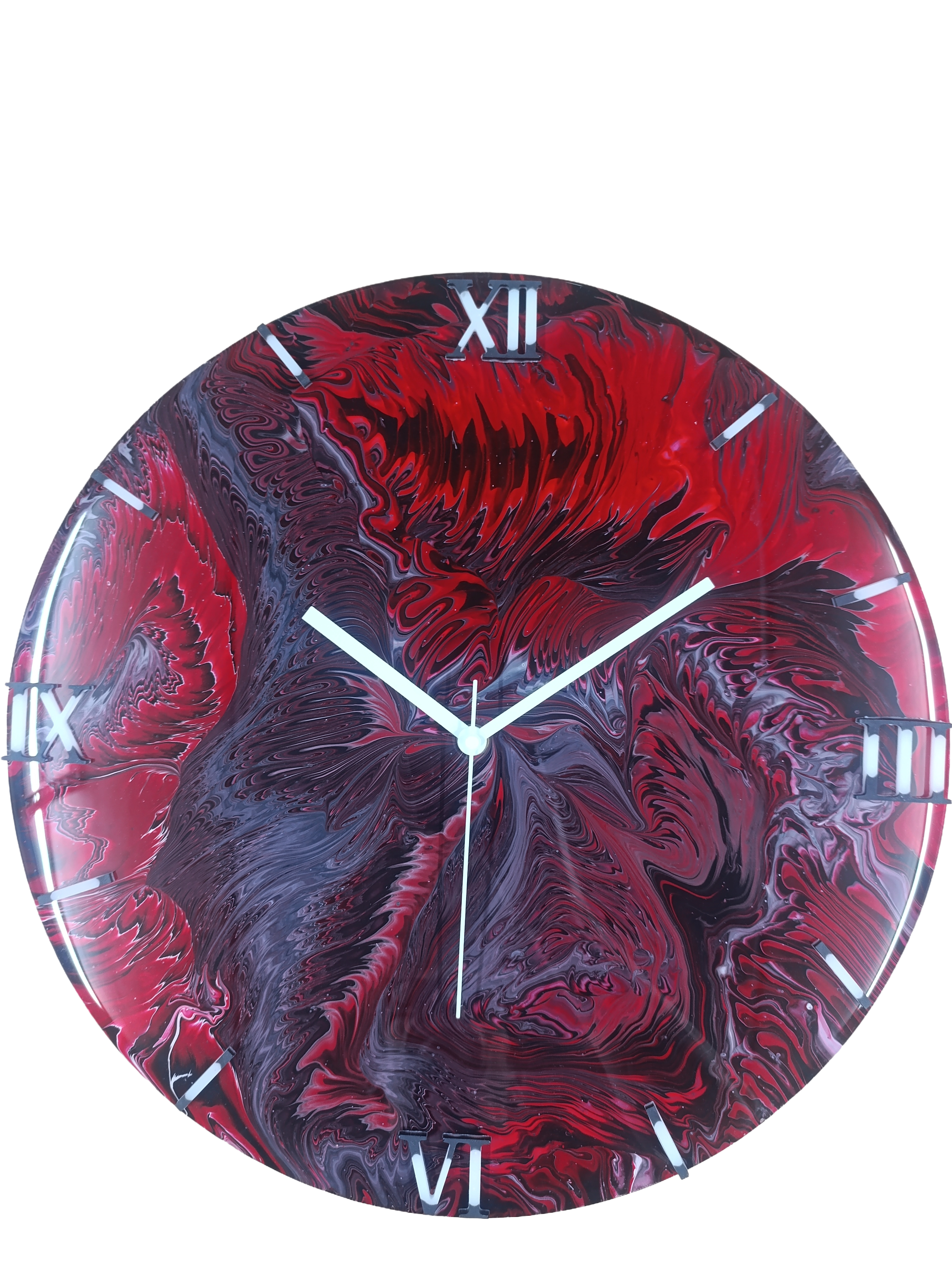 Wandklok 40cm rood Scarlet Vortex draaikolk design acryl pour handgemaakt belgië