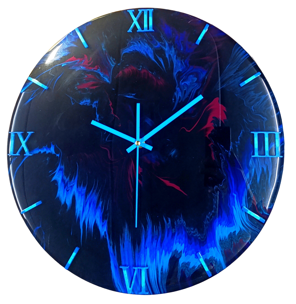 Wandklok 40cm blauw Midnight Blue Flame vuur effect acryl pour silent belgië