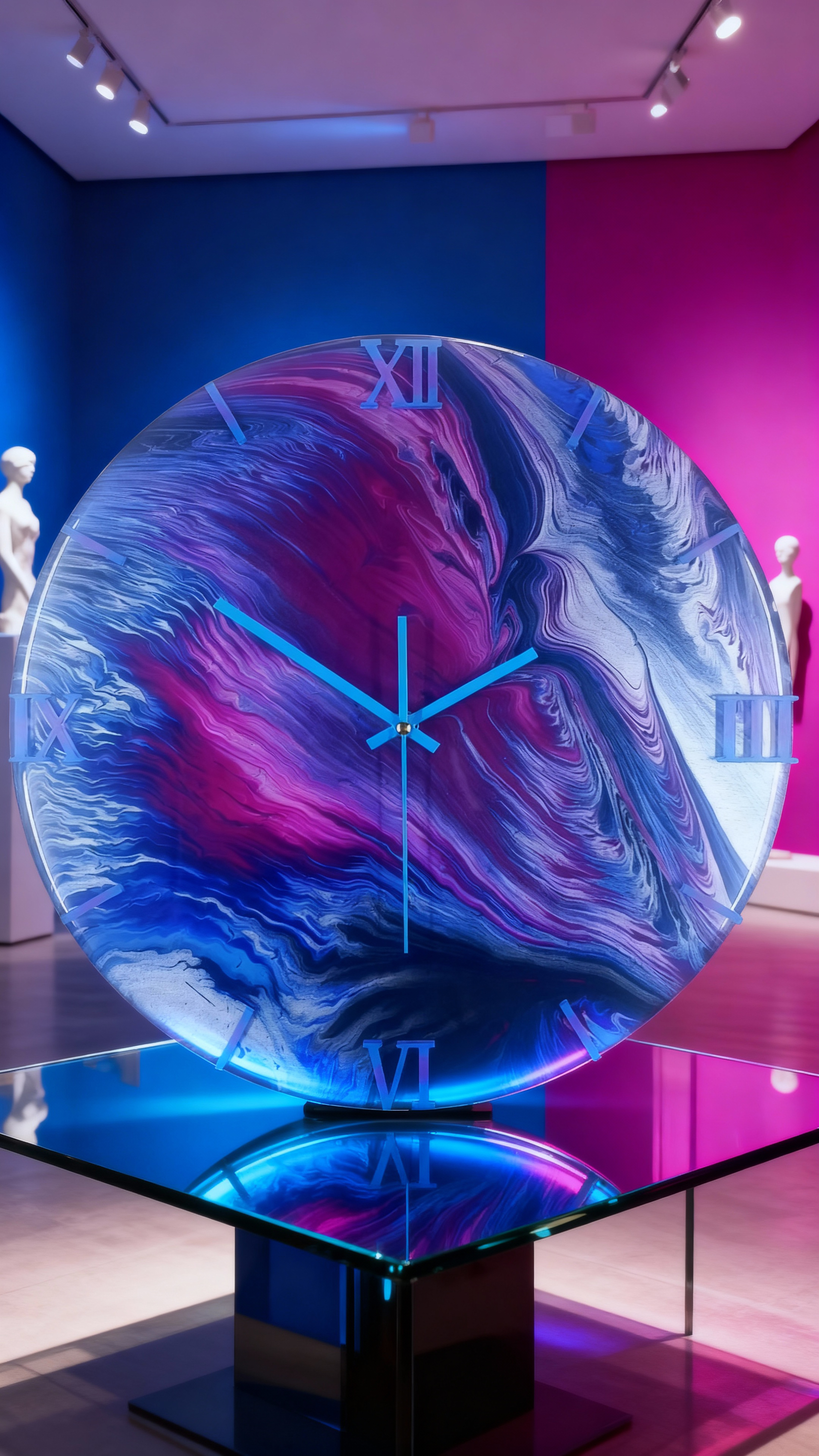 Handgemaakte wandklok 40cm- blauw, roze -"Electric Wave" (Acryl pouring kunst)