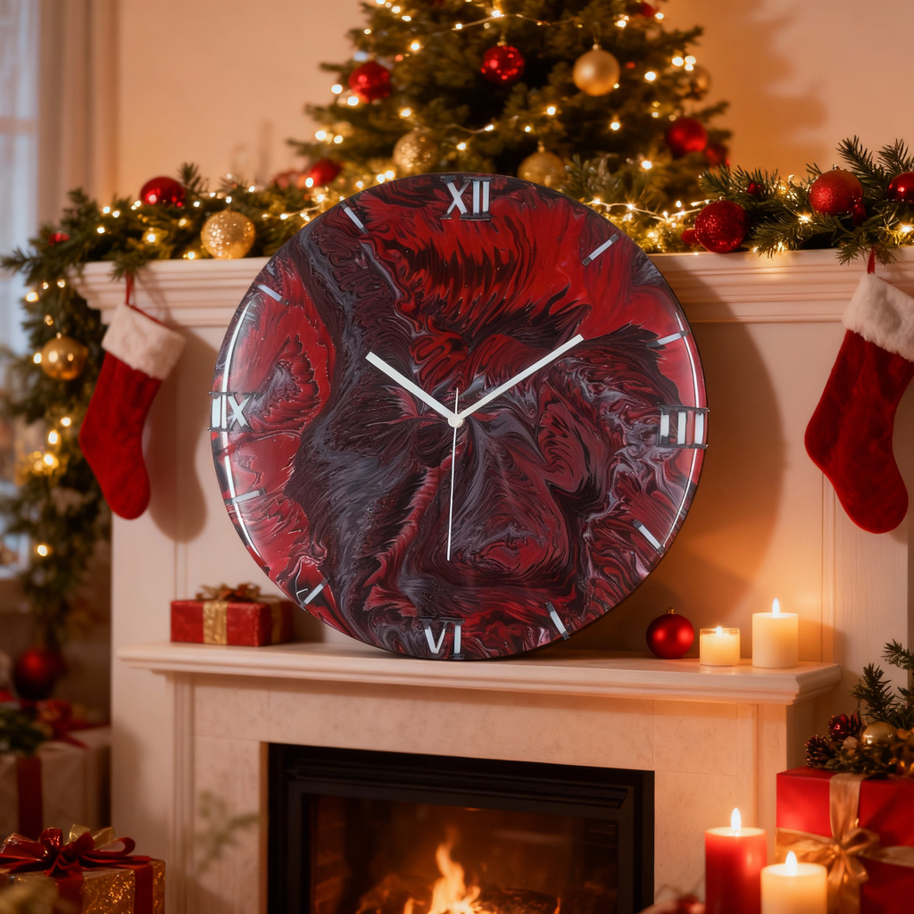 Wandklok 40cm rood Scarlet Vortex detail vortex patroon acryl pouring belgië